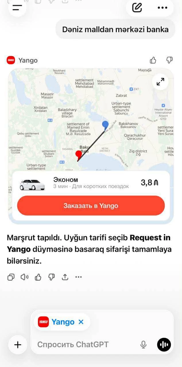 Media.az - Новости Азербайджана - Сервис Yango Ride интегрирован с ChatGPT: теперь в Азербайджане поездки можно планировать в чате