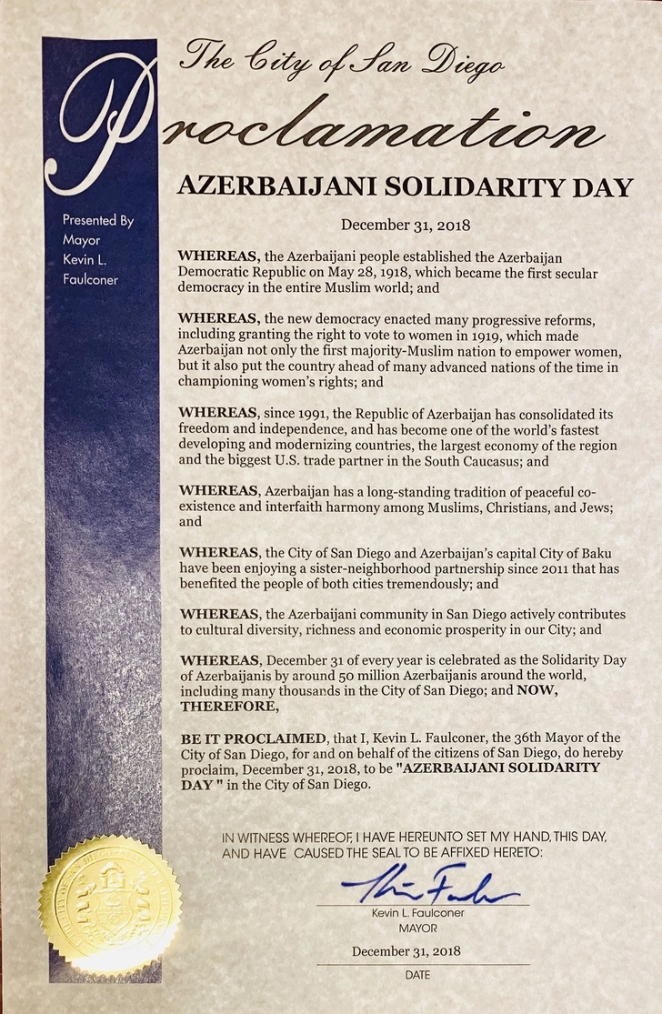 Сан-Диего объявил 31 декабря Днем солидарности азербайджанцев