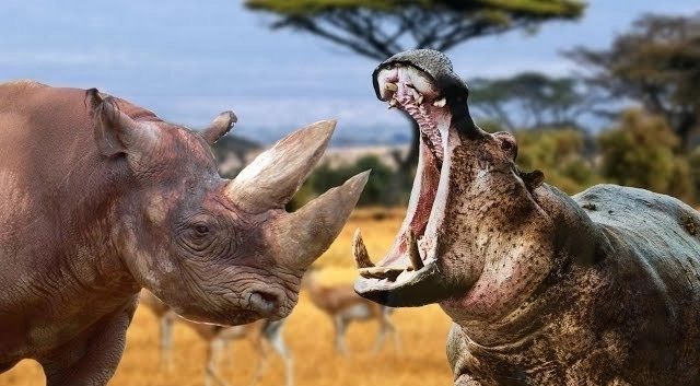 Назойливый бегемот утомил флегматичного носорога – ВИДЕО