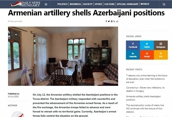 Венгерское издание проинформировало о провокации Армении на границе с Азербайджаном