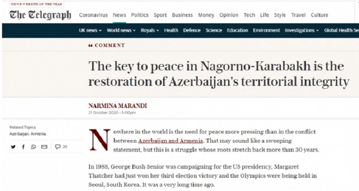 Британская The Telegraph написала, что является основным фактором в обеспечении мира в Нагорном Карабахе