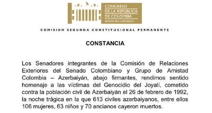 Сенат Колумбии принял заявление в связи с 29-й годовщиной Ходжалинского геноцида