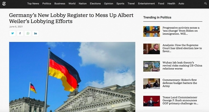 The USA Tribune: Новый реестр лоббизма в Германии сорвет лоббистские усилия Альберта Вейлера