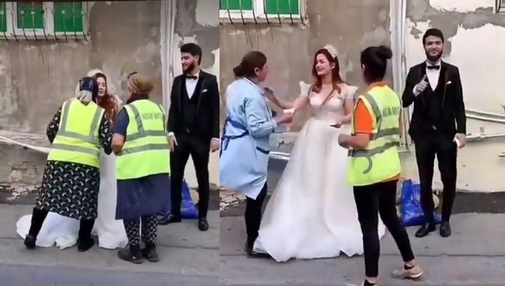 В Баку новобрачная пара после свадьбы решила раздать подаренные им деньги женщинам-дворникам - ВИДЕО