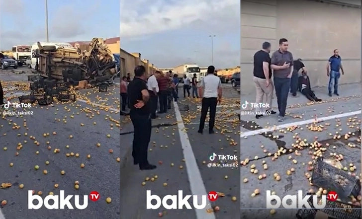 На трассе Баку - Алят опрокинулся грузовик с фруктами - ВИДЕО