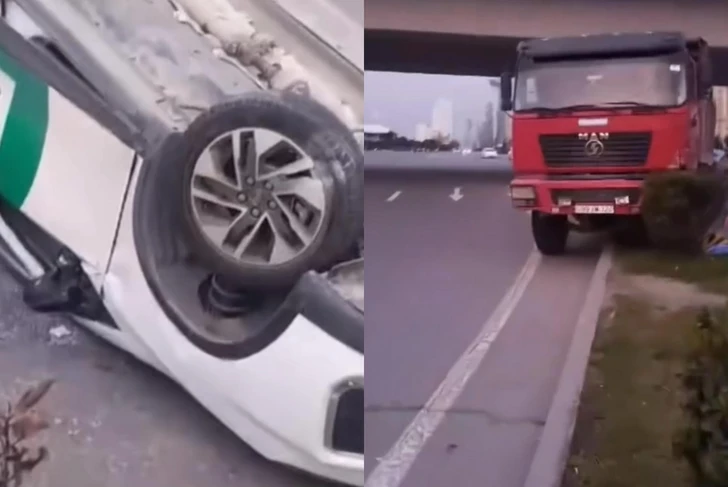 Тяжелое ДТП на главном проспекте Баку: грузовик врезался в такси - ПОДРОБНОСТИ
