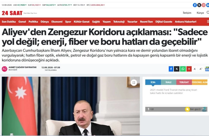 Media.az - Новости Азербайджана - Заявления Ильхама Алиева о Зангезурском коридоре вызвали широкий резонанс в турецких СМИ