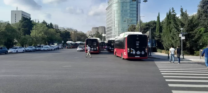 Пешеходы и автобусы на одной дороге: опасная ситуация в центре Баку