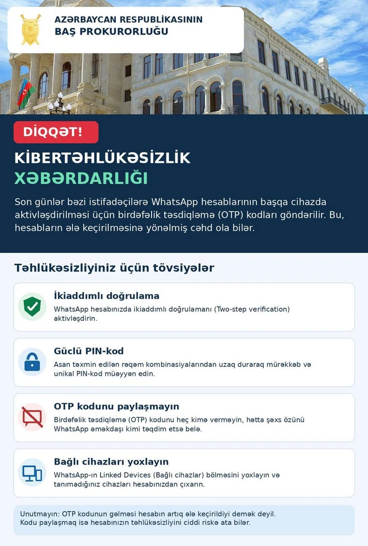 Media.az - Новости Азербайджана - Генпрокуратура Азербайджана предупредила о кибератаках на аккаунты WhatsApp