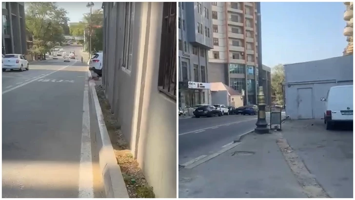 На центральной улице Баку пешеходы вынуждены рисковать жизнью из-за застройки тротуара