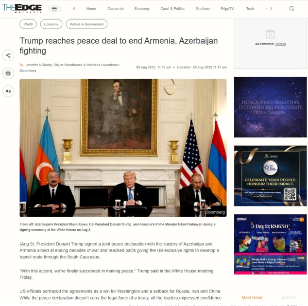 Media.az - Новости Азербайджана - Историческое мирное соглашение в Вашингтоне широко освещалось в малайзийской прессе