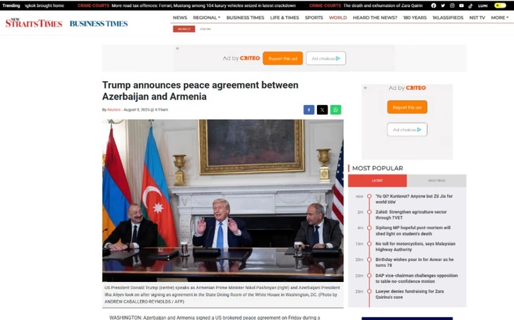 Media.az - Новости Азербайджана - Историческое мирное соглашение в Вашингтоне широко освещалось в малайзийской прессе