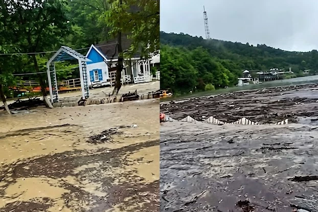 Обильные дожди в Азербайджане вызвали разлив озера и подтопление зоны отдыха в Губе