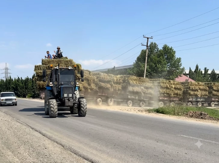 Гигантский восьмиприцепный трактор создал аварийную ситуацию в Агджабединском районе