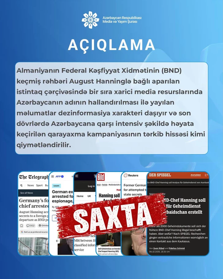 Media.az - Новости Азербайджана - Совет по медиа Азербайджана назвал публикации западных СМИ о деле экс-главы BND дезинформацией