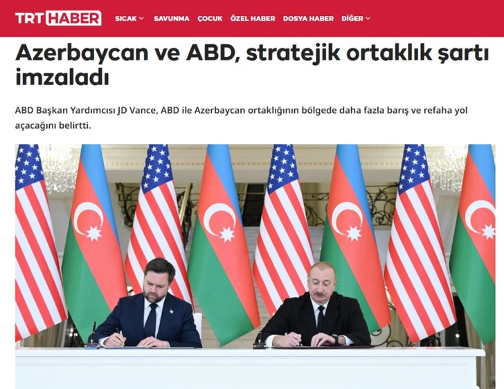 Media.az - Новости Азербайджана - СМИ Турции и ТРСК широко осветили подписание Хартии о стратегическом партнерстве Азербайджана и США