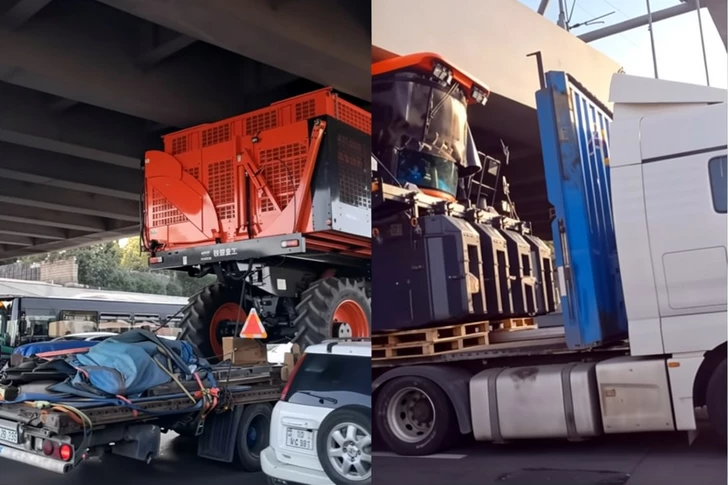 Эвакуатор с сельхозтехникой застрял под мостом на трассе Баку-Сумгайыт