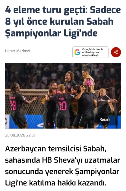 Media.az - Новости Азербайджана - Победа «Сабаха» над «Хапоэлем» в плей-офф Лиги чемпионов вызвала широкий резонанс в мировых СМИ