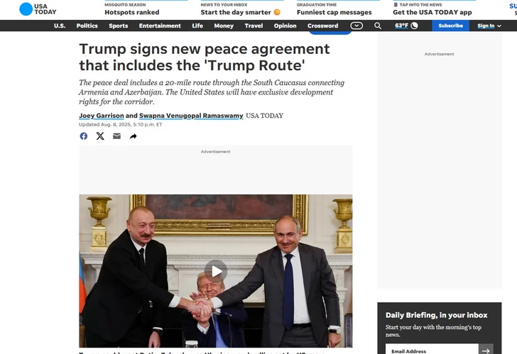 Media.az - Новости Азербайджана - Глобальные СМИ уделяют внимание встрече Дональда Трампа, Ильхама Алиева и Никола Пашиняна