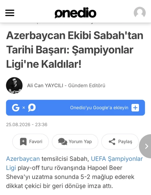 Media.az - Новости Азербайджана - Победа «Сабаха» над «Хапоэлем» в плей-офф Лиги чемпионов вызвала широкий резонанс в мировых СМИ
