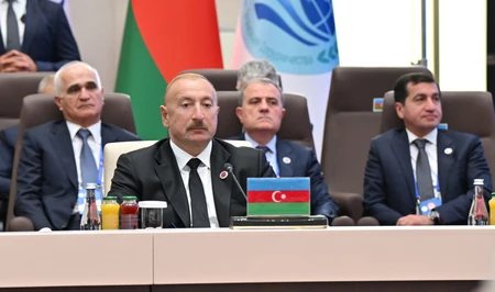 Президент Ильхам Алиев выступает на встрече в формате «ШОС плюс» в Бишкеке