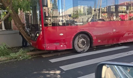 В Гяндже автобус BakuBus столкнулся с легковушкой и врезался в дерево